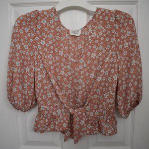 SIENNA SKY Pink Floral Cropped Ruffle Lightweight Blouse Shirt Tie Waist V-Neck